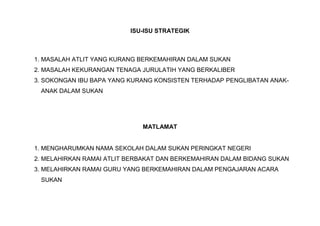 ISU-ISU STRATEGIK
1. MASALAH ATLIT YANG KURANG BERKEMAHIRAN DALAM SUKAN
2. MASALAH KEKURANGAN TENAGA JURULATIH YANG BERKALIBER
3. SOKONGAN IBU BAPA YANG KURANG KONSISTEN TERHADAP PENGLIBATAN ANAK-
ANAK DALAM SUKAN
MATLAMAT
1. MENGHARUMKAN NAMA SEKOLAH DALAM SUKAN PERINGKAT NEGERI
2. MELAHIRKAN RAMAI ATLIT BERBAKAT DAN BERKEMAHIRAN DALAM BIDANG SUKAN
3. MELAHIRKAN RAMAI GURU YANG BERKEMAHIRAN DALAM PENGAJARAN ACARA
SUKAN
 