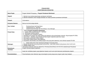 (TAHUN 2019)
JAWATANKUASA KESIHATAN
Nama Projek: Program Sekolah Penyayang – ‘Program Pemakanan Berkhasiat’
Objektif: 1. Memberi input tentang kepentingan pemakanan berkhasiat.
2. Memberi kesedaran untuk menjaga kesihatan diri melalui pemilihan pemakanan berkhasiat.
Tempoh: 3 kali setahun
Kumpulan Sasaran: Semua murid dan warga sekolah.
Guru Terlibat: 1. Penolong Kanan Hal Ehwal Murid.
2. Jawatankuasa 3K - Kesihatan
3. Jawatankuasa Bimbingan dan Kaunseling 4. Guru Bertugas
Proses Kerja:
1. Taklimat Program Pemakanan Berkhasiat.
1.1 Ucapan Ketua Jawatankuasa 3K - Kesihatan
1.2 Penerangan tentang program.
1.3 Pelantikan AJK Penyelaras Program.
2. Penetapan hari program dan pihak swasta yang dijemput untuk penyampaian ceramah. (Rujuk kepada PK HEM).
3. Post mortem – Kesulitan yang dihadapi semasa program dijalankan pada tahun lepas.
4. Rancangan perlaksanaan setiap program.
5. Post-mortem setiap program yang dijalankan.
4. Penyediaan dokumentasi untuk setiap program khas yang telah dijalankan untuk dihantar kepada PK HEM.
Kekangan:
1. Dewan terlalu kecil untuk menampung bilangan murid yang ramai.
2. Masalah teknikal dan cara penyampaian penceramah / wakil pihak swasta kurang sesuai untuk murid-murid.
3. Kawalan disiplin murid.
Pemantauan:
Pemantauan dilakukan oleh Guru Besar/Guru Penolong Kanan/Ketua Unit 3K & Ahli Jawatankuasa Penyelaras
Program semasa program dijalankan.
Penilaian:
Impak dan manfaaat program yang dijalankan kepada murid-murid serta kelancaran perlaksanaan program.
Penambahbaikan: Penambahbaikan akan dilakukan bagi memantapkan proses pengurusan program pada masa hadapan.
 