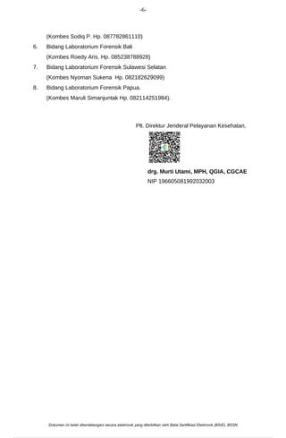 -6-
(Kombes Sodiq P. Hp. 087782861110)
6. Bidang Laboratorium Forensik Bali
(Kombes Roedy Aris. Hp. 085238788928)
7. Bidang Laboratorium Forensik Sulawesi Selatan
(Kombes Nyoman Sukena Hp. 082182629099)
8. Bidang Laboratorium Forensik Papua.
(Kombes Maruli Simanjuntak Hp. 082114251984).
Plt. Direktur Jenderal Pelayanan Kesehatan,
drg. Murti Utami, MPH, QGIA, CGCAE
NIP 196605081992032003
Dokumen ini telah ditandatangani secara elektronik yang diterbitkan oleh Balai Sertifikasi Elektronik (BSrE), BSSN
Powered by TCPDF (www.tcpdf.org)
 