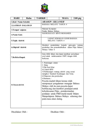 Unit Kokurikulum
HARI Rabu TARIKH MASA 2:00 ptg
1.Kod / Nama Sekolah ABA4029 – SK LANEH
2.LATIHAN DALAMAN
BAHASA MELAYU TAHUN 4
3.Tempat/ anjuran
Makmal Komputer
Panitia Bahasa Melayu
4.Nama Guru
NOORHAYATI BINTI MOHAMED
5.Tajuk Aktiviti
LADAP SEMAKAN KSSR BAHASA
MELAYU TAHUN 4
6.Objektif Aktiviti
Memberi pendedahan kepada guru-guru tentang
perubahan dan penambahbaikan dalam Pdpc Bahasa
Melayu Tahun 4.
7.Refleksi/Impak
Guru lebih faham dan dapat membuat persediaan
awal untuk melaksanakan PdPC dengan lebih
berkesan.
8.Ulasan aktiviti
1. Penerangan umum
2 Dskp
3.Pdp Seni Khat
4.Contoh RPH
5.Perbincangan tentang aktiviti yang sesuai
mengikut Standard Kandungan dan Tema.
6.Pelaporan dan perekodan
6.Rumusan.:
Peserta mudah faham kerana telah
mempunyai pengalaman mengajar Bahasa
Melayu oleh itu para peserta dapat
berbincang dan memberi pendapat untuk
keberkesanan Pdpc , pentaksirandan
penilaian untuk PBD murid-murid Dalam
Matapelajaran Bahasa Melayu sekarang dan
pada masa akan dating.
Disediakan Oleh : Disahkan Oleh :
 