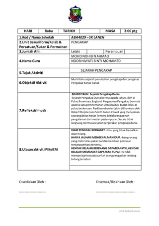 Unit Kokurikulum
HARI Rabu TARIKH MASA 2:00 ptg
1.Kod / Nama Sekolah ABA4029 –SK LANEH
2.Unit Beruniform/Kelab&
Persatuan/Sukan& Permainan
PENGAKAP
3.Jumlah Ahli Lelaki Perempuan
4.Nama Guru
MOHD NOH BINAHMAD
NOORHAYATI BINTI MOHAMED
5.Tajuk Aktiviti
SEJARAH PENGAKAP
6.Objektif Aktiviti
Murid tahu sejarah penubuhan pengakap dan pengasas
Pengakap Kanak-kanak
7.Refleksi/Impak
MURID TAHU: Sejarah Pengakap Dunia
SejarahPengakap Duniabermulapadatahun1907 di
PulauBrownsea,England.Pergerakan Pengakap bermula
apabilasatuperkhemahanuntukbudak-budaklelaki di
pulauberkenaan.Perkhemahaninitelahdiilhamkanoleh
RobertStephensonSmithBadenPowell yangmerupakan
seorangBekasMejar TenteraBritishyangpenuh
pengalamandari medanpertempuran.Secaratidak
langsung,bermulasejarahpergerakan pengakap dunia.
8.Ulasanaktiviti PIKeBM
DIAM PENGGALIBERKARAT.-ilmuyangtidakdiamalkan
akan hilang.
HANYA JAUHARI MENGENALMANIKAM.-hanyaorang
yang mahiratau pakar pandai membuatpenilaian
tentangperkaratertentu.
HENDAK BELAJAR BERENANG DAPATKAN ITIK, HENDAK
BELAJAR MEMANJAT DAPATKAN TUPAI.-hendak
mempelajarisesuatucarilahorangyangpakartentang
bidangtersebut.
Disediakan Oleh : Disemak/Disahkan Oleh :
…………………………. ……………………………………..
 