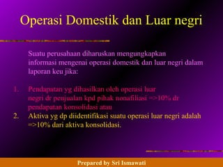 14 - 173 Prentice Hall Business Publishing, Advanced Accounting 8/e, Beams/Anthony/Clement/Lowensohn
Operasi Domestik dan Luar negri
Suatu perusahaan diharuskan mengungkapkan
informasi mengenai operasi domestik dan luar negri dalam
laporan keu jika:
1. Pendapatan yg dihasilkan oleh operasi luar
negri dr penjualan kpd pihak nonafiliasi =>10% dr
pendapatan konsolidasi atau
2. Aktiva yg dp diidentifikasi suatu operasi luar negri adalah
=>10% dari aktiva konsolidasi.
Prepared by Sri Ismawati
 