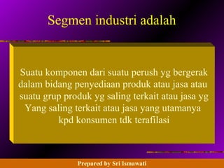 14 - 73 Prentice Hall Business Publishing, Advanced Accounting 8/e, Beams/Anthony/Clement/Lowensohn
Segmen industri adalah
Suatu komponen dari suatu perush yg bergerak
dalam bidang penyediaan produk atau jasa atau
suatu grup produk yg saling terkait atau jasa yg
Yang saling terkait atau jasa yang utamanya
kpd konsumen tdk terafilasi
Prepared by Sri Ismawati
 