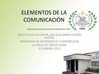 ELEMENTOS DE LA
   COMUNICACIÓN
      ADALEIDIS LEON-SHIRLEY BUELVAS-BENITA ALARCON-DAURIS FLOREZ



INSTITUCION EDUCATIVA JOSE GUILLERMO CASTRO
                    CASTRO
  MODALIDAD DE INFORMATICA Y CONTABILIDAD
          LA JAGUA DE IBIRICO-CESAR
               10-FEBRERO-2012
 