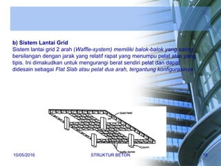 b) Sistem Lantai Grid
Sistem lantai grid 2 arah (Waffle-system) memiliki balok-balok yang saling
bersilangan dengan jarak yang relatif rapat yang menumpu pelat atas yang
tipis. Ini dimakudkan untuk mengurangi berat sendiri pelat dan dapat
didesain sebagai Flat Slab atau pelat dua arah, tergantung konfigurasinya.
10/05/2016 STRUKTUR BETON 16
 