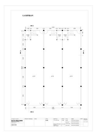 km/wc
+0.05
+0.10
5.00
5.00
5.00
1.50 3.50 3.50 1.50 1.50 3.50
15.00
2.50
2.50
5.00 5.00 5.00
15.00
20.00
1.25
A A
B
B
km/wc
+0.05
km/wc
+0.05
Up Up Up
+0.10 +0.10
PLAN 1 ST FLOOR PLAN
C O N S U L T A N T
ARCHITECT
CONTRUCTION
STRUCTURE
OWNER
SEPTIA EDI PRATAMA
1:100
PROJECT ADDRESS
DUTA PRATAMA
P R O J E C T
Perencana & Perancang
NOTE TITLE SUBTITLE SCALE TITLE NAME APPR
HOME STORE
DATE OF COMPLETION
CHAPTER
SHEET NUMBER
1
1
-
DATE OF
REVISION
SEPTIA EDI PRATAMA
09 - 01 - 2013
9 - 02 - 2012
SEPTIA EDI PRATAMA
SEPTIA EDI PRATAMA
LAMPIRAN
 