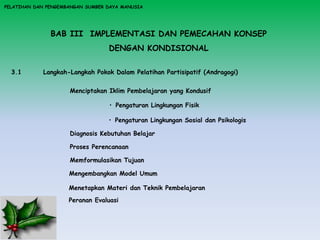PELATIHAN DAN PENGEMBANGAN SUMBER DAYA MANUSIA
BAB III IMPLEMENTASI DAN PEMECAHAN KONSEP
DENGAN KONDISIONAL
3.1 Langkah-Langkah Pokok Dalam Pelatihan Partisipatif (Andragogi)
Menciptakan Iklim Pembelajaran yang Kondusif
• Pengaturan Lingkungan Fisik
• Pengaturan Lingkungan Sosial dan Psikologis
Diagnosis Kebutuhan Belajar
Proses Perencanaan
Memformulasikan Tujuan
Mengembangkan Model Umum
Menetapkan Materi dan Teknik Pembelajaran
Peranan Evaluasi
 