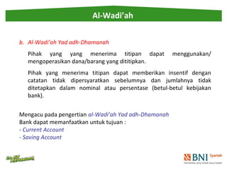 Al-Wadi’ah 
b. Al-Wadi’ah Yad adh-Dhamanah 
Pihak yang yang menerima titipan dapat menggunakan/ 
mengoperasikan dana/baran...