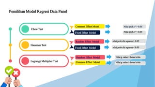 Fixed Effect Model
Fixed Effect Model
Pemilihan Model Regresi Data Panel
Chow Test
Hausman Test
Lagrange Multiplier Test
Common Effect Model
Random Effect Model
Random Effect Model
Common Effect Model
Nilai prob. F > 0.05
Nilai prob. F < 0.05
nilai prob chi squares < 0.05
nilai prob chi squares > 0.05
Nilai p value < batas kritis
Nilai p value > batas kritis
 