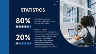Statistika adalah suatu
kumpulan angka yang tersusun
lebih dari satu angka
Statistika adalahh
kumpulanmetode yag digunakan
untuk merencsnakan eskperimen,
mengambil data, dan kmudian
menyusun , meringkas,
menyajikan, menganalisis,
meginterpretasikan dan
mengambil simpulan yang
didsarkan padda data tersebut.
 