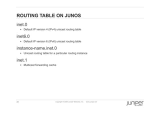 ROUTING TABLE ON JUNOS
    inet.0
           Default IP version 4 (IPv4) unicast routing table


    inet6.0
           Default IP version 6 (IPv6) unicast routing table

    instance-name.inet.0
           Unicast routing table for a particular routing instance


    inet.1
           Multicast forwarding cache




    26                                 Copyright © 2009 Juniper Networks, Inc.   www.juniper.net
 