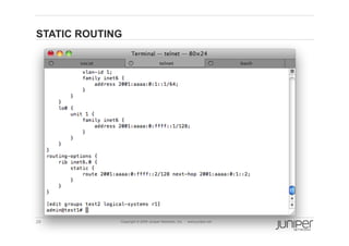 STATIC ROUTING




29           Copyright © 2009 Juniper Networks, Inc.   www.juniper.net
 