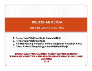 PELATIHAN KERJA
                  DR. CUT ZURNALI, SE., M.Si


 A.   Pengertian Pelatihan Kerja Dalam MSDM
 B.   Pengertian Pelatihan Kerja
 C.   Hal-Hal Penting Mengenai Penyelenggaraan Pelatihan Kerja
 D.   Dasar Hukum Penyelenggaraan Pelatihan Kerja


   BAHAN AJAR “MANAJEMEN HUBUNGAN INDUSTRIAL”
PROGRAM MAGISTER MANAJEMEN UNIVERSITAS BUDI LUHUR
                    JAKARTA
                      2011
 