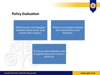 Policy Evaluation
Keberhasilan dan kegagalan
kebijakan dapat diukur pada
proses siklus evaluasi.
Siklus ini mengukur dampak
dari implementasi suatu
kebijakan.
Evaluasi dapat dilakukan oleh
pengambil keputusan maupun
pihak luar.
 
