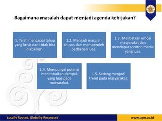 Bagaimana masalah dapat menjadi agenda kebijakan?
1. Telah mencapai tahap
yang krisis dan tidak bisa
diabaikan.
1.2. Menjadi masalah
khusus dan memperoleh
perhatian luas.
1.3. Melibatkan emosi
masyarakat dan
mendapat soroton media
yang luas.
1.4. Mempunyai potensi
menimbulkan dampak
yang luas pada
masyarakat.
1.5. Sedang menjadi
trend pada masyarakat.
 