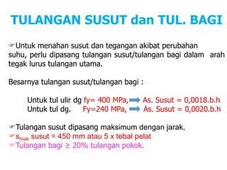 Untuk menahan susut dan tegangan akibat perubahan
suhu, perlu dipasang tulangan susut/tulangan bagi dalam arah
tegak lurus tulangan utama.
Besarnya tulangan susut/tulangan bagi :
Untuk tul ulir dg fy= 400 MPa, As. Susut = 0,0018.b.h
Untuk tul dg. Fy=240 MPa, As. Susut = 0,0020.b.h
Tulangan susut dipasang maksimum dengan jarak,
smak susut = 450 mm atau 5 x tebal pelat
Tulangan bagi ≥ 20% tulangan pokok.
TULANGAN SUSUT dan TUL. BAGI
 