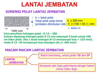 DIMENSI PELAT LANTAI JEMBATAN
Cara penulisan tulangan pelat : D 13 – 200
Artinya dipasang tulangan pelat D 13 mm sebanyak 5 buah untuk 100
cm lebar pelat. Jika 1 buah tulangan Ø 13 mempunyai luas = 133 mm2,
maka D 13 -20 mempunyai luas tulangan (As )= 665 mm2.
100 cm
h
h = tebal pelat
Tebal pelat pada lantai
jembatan ditentukan sbb:
h > 200 mm
h > (100 + 40 l ) mm
L dalam m
LANTAI JEMBATAN
MACAM MACAM LANTAI JEMBATAN
LANTAI
JEMBATAN
Beton bertulang, untuk girder BB dan BP
Komposit plat baja gelombang dengan beton
Untuk Gider Baja.
 