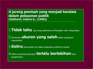 4 jurang pemisah yang menjadi kendala
dalam pelayanan publik
(Zeithaml, Valarie A., (1990))
1.Tidak tahu apa yang sebenarnya diharapkan oleh masyarakat;
2.Pemberian ukuran yang salah dalam pelayanan
masyarakat;
3.Keliru penampilan diri dalam pelayanan publik itu sendiri;
4.Ketika membuat perjanjian terlalu berlebihan atau
pengobralan;
 