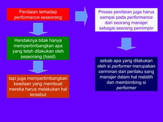Penilaian terhadap
performance seseorang
Hendaknya tidak hanya
mempertimbangkan apa
yang telah dilakukan oleh
seseorang (hasil)
tapi juga mempertimbangkan
keadaan yang membuat
mereka harus melakukan hal
tersebut
Proses penilaian juga harus
sampai pada performance
dari seorang manajer
sebagai seorang pemimpin
sebab apa yang dilakukan
oleh si performer merupakan
cerminan dari perilaku sang
manajer dalam hal melatih
dan membimbing si
performer
 