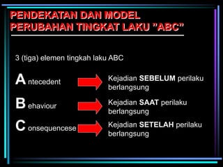 PENDEKATAN DAN MODEL
PERUBAHAN TINGKAT LAKU ”ABC”
3 (tiga) elemen tingkah laku ABC
Antecedent
Behaviour
Consequencese
Kejadian SEBELUM perilaku
berlangsung
Kejadian SAAT perilaku
berlangsung
Kejadian SETELAH perilaku
berlangsung
 