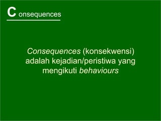 Consequences
Consequences (konsekwensi)
adalah kejadian/peristiwa yang
mengikuti behaviours
 