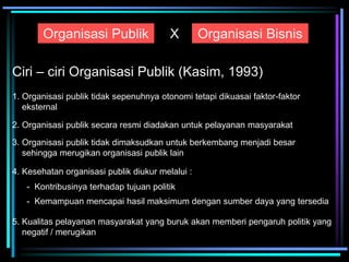 Organisasi Publik Organisasi Bisnis
X
Ciri – ciri Organisasi Publik (Kasim, 1993)
1. Organisasi publik tidak sepenuhnya otonomi tetapi dikuasai faktor-faktor
eksternal
2. Organisasi publik secara resmi diadakan untuk pelayanan masyarakat
3. Organisasi publik tidak dimaksudkan untuk berkembang menjadi besar
sehingga merugikan organisasi publik lain
4. Kesehatan organisasi publik diukur melalui :
- Kontribusinya terhadap tujuan politik
- Kemampuan mencapai hasil maksimum dengan sumber daya yang tersedia
5. Kualitas pelayanan masyarakat yang buruk akan memberi pengaruh politik yang
negatif / merugikan
 