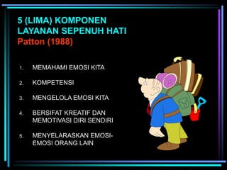 5 (LIMA) KOMPONEN
LAYANAN SEPENUH HATI
Patton (1988)
1. MEMAHAMI EMOSI KITA
2. KOMPETENSI
3. MENGELOLA EMOSI KITA
4. BERSIFAT KREATIF DAN
MEMOTIVASI DIRI SENDIRI
5. MENYELARASKAN EMOSI-
EMOSI ORANG LAIN
 