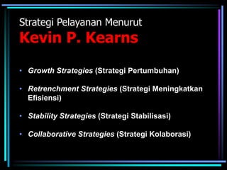 Strategi Pelayanan Menurut
Kevin P. Kearns
• Growth Strategies (Strategi Pertumbuhan)
• Retrenchment Strategies (Strategi Meningkatkan
Efisiensi)
• Stability Strategies (Strategi Stabilisasi)
• Collaborative Strategies (Strategi Kolaborasi)
 