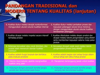 6. Kualitas diukur melalui perbaikan proses dan
kepuasan pelanggan secara terus menerus
dengan menggunakan ukuran-ukuran kualitas
berdasarkan pelanggan
6. Kualitas diukur melalui derajat nonkonformasi
menggunakan ukuran-ukuran kualitasi internal
PANDANGAN TRADISIONAL dan
MODERN TENTANG KUALITAS (lanjutan)
7. Kualitas ditentukan melalui desain produk dan
dicapai melalui teknik pengendalian yang efektif
serta memberikan kepuasan selama masa pakai
produk
7. Kualitas dicapai melalui inspeksi secara intensif
terhadap produk
8. Kerusakan dicegah sejak awal melalui teknik
pengendalian proses yang efektif
8. Beberapa kerusakan atau cacat diizinkan, jika
produk telah memenuhi standar kualitas
minimum
9. Kualitas adalah bagian dari setiap fungsi dalam
semua tahap dari siklus hidup produk
9. Kualitas adalah fungsi terpisah dan berfokus
pada evaluasi produksi
10. Manajemen bertanggung jawab untuk kualitas
10. Pekerja dipermalukan apabila menghasilkan
kualitas yang jelek
11. Hubungan dengan pemasok bersifat jangka
panjang dan berorientasi kualitas
11. Hubungan dengan pemasok bersifat jangka
pendek dan berorientasi pada biaya
 