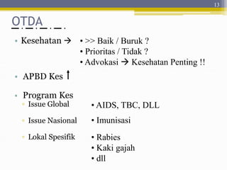 OTDA
• Kesehatan 
• APBD Kes
• Program Kes
▫ Issue Global
▫ Issue Nasional
▫ Lokal Spesifik
13
• >> Baik / Buruk ?
• Prioritas / Tidak ?
• Advokasi  Kesehatan Penting !!
• AIDS, TBC, DLL
• Imunisasi
• Rabies
• Kaki gajah
• dll
 