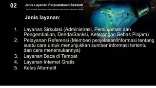 Jenis Layanan Perpustakaan Sekolah
Jenis, karakter pemustaka, sistem layanan, dan sumber informasi ilmiah
02
Jenis layanan:
1. Layanan Sirkulasi (Administrasi, Peminjaman dan
Pengembalian, Denda/Sanksi, Keterangan Bebas Pinjam)
2. Pelayanan Referensi (Memberi penjelasan/informasi tentang
suatu cara untuk menunjukkan sumber informasi tertentu
dan cara menemukannya)
3. Layanan Baca di Tempat
4. Layanan Internet Gratis
5. Kelas Alternatif
 