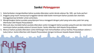 1. Keterlambatan mengembalikan bahan pustaka dikenakan sanksi denda sebesar Rp. 500,- per buku perhari
2. Anggota yang masih mempunyai tunggakan denda tidak boleh meminjam bahan pustaka dan otomatis
keanggotaannya terblokir untuk sementara.
3. Menghilangkan bahan pustaka yang dipinjam harus mengganti dengan judul yang sama atau judul lain yang
ditentukan oleh Kepala Perpustakaan
4. Merusak atau merobek bahan pustaka dikenakan sanksi mengganti bahan pustaka yang dirusak dan tidak boleh
meminjam bahan pustaka selama 6 (enam) bulan. Sanksi diberikan oleh Kepala Perpustakaan
5. Mencuri bahan pustaka dikenakan sanksi kehilangan hak memanfaatkan semua fasilitas Perpustakaan selama 1
(satu) tahun. Sanksi diberikan oleh Kepala Perpustakaan dengan tembusan kepada Kepala Sekolah
Sanksi Pelanggaran
 