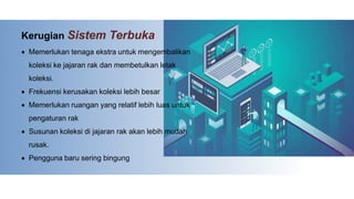 Kerugian Sistem Terbuka
 Memerlukan tenaga ekstra untuk mengembalikan
koleksi ke jajaran rak dan membetulkan letak
koleksi.
 Frekuensi kerusakan koleksi lebih besar
 Memerlukan ruangan yang relatif lebih luas untuk
pengaturan rak
 Susunan koleksi di jajaran rak akan lebih mudah
rusak.
 Pengguna baru sering bingung
 