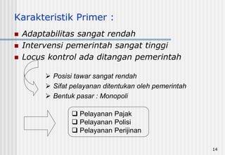 14
Karakteristik Primer :
 Adaptabilitas sangat rendah
 Intervensi pemerintah sangat tinggi
 Locus kontrol ada ditangan pemerintah
 Posisi tawar sangat rendah
 Sifat pelayanan ditentukan oleh pemerintah
 Bentuk pasar : Monopoli
 Pelayanan Pajak
 Pelayanan Polisi
 Pelayanan Perijinan
 