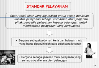 24
• Berguna sebagai pedoman kerja dari batasan mutu
yang harus dipenuhi oleh para pelaksana layanan
• Berguna sebagai jaminan mutu pelayanan yang
seharusnya diterima oleh pelanggan
STANDAR PELAYANAN
Suatu tolok ukur yang digunakan untuk acuan penilaian
kualitas pelayanan sebagai komitmen atau janji dari
pihak penyedia pelayanan kepada pelanggan untuk
memberikan pelayanan yang berkualitas
 