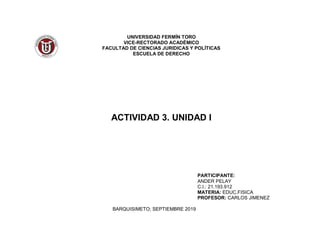 UNIVERSIDAD FERMÍN TORO
VICE-RECTORADO ACADÉMICO
FACULTAD DE CIENCIAS JURIDICAS Y POLÍTICAS
ESCUELA DE DERECHO
ACTIVIDAD 3. UNIDAD I
PARTICIPANTE:
ANDER PELAY
C.I.: 21.193.912
MATERIA: EDUC.FISICA
PROFESOR: CARLOS JIMENEZ
BARQUISIMETO; SEPTIEMBRE 2019
 