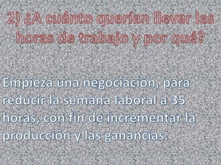 2) ¿A cuánto querían llevar las horas de trabajo y por qué?Empieza una negociación, para reducir la semana laboral a 35 horas, con fin de incrementar la producción y las ganancias.