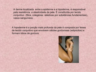 A derme localizada entre a epiderme e a hipoderme, é responsável
pela resistência e elasticidade da pele. È constituída por tecido
conjuntivo (fibra, colegénes elásticas por substâncias fundamentais),
vasos sanguíneos.
A hipoderme é a porção mais profunda da pele é composta por feixes
de tecido conjuntivo que envolvem células gordurosas (adipócitos) e
formam lobos de gordura.
 