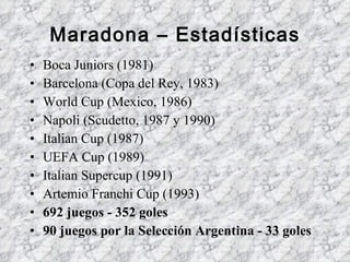 Maradona – Estadísticas   Boca Juniors (1981) Barcelona (Copa del Rey, 1983)  World Cup (Mexico, 1986)  Napoli (Scudetto, 1987 y 1990)  Italian Cup (1987)  UEFA Cup (1989) Italian Supercup (1991)  Artemio Franchi Cup (1993) 692 juegos - 352 goles  90 juegos por la Selección Argentina - 33 goles   