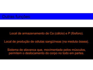 Local de armazenamento de Ca (cálcio) e P (fósforo).
Local de produção de células sangüíneas (na medula óssea).
Sistema de alavanca que, movimentada pelos músculos,
permitem o deslocamento do corpo no todo em partes.
Outras funções
 