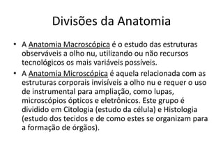 Divisões da Anatomia
• A Anatomia Macroscópica é o estudo das estruturas
observáveis a olho nu, utilizando ou não recursos
tecnológicos os mais variáveis possíveis.
• A Anatomia Microscópica é aquela relacionada com as
estruturas corporais invisíveis a olho nu e requer o uso
de instrumental para ampliação, como lupas,
microscópios ópticos e eletrônicos. Este grupo é
dividido em Citologia (estudo da célula) e Histologia
(estudo dos tecidos e de como estes se organizam para
a formação de órgãos).
 