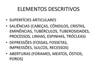 ELEMENTOS DESCRITIVOS
• SUPERFÍCIES ARTICULARES
• SALIÊNCIAS (CABEÇAS, CÔNDILOS, CRISTAS,
EMINÊNCIAS, TUBÉRCULOS, TUBEROSIDADES,
PROCESSOS, LINHAS, ESPINHAS, TRÓCLEAS)
• DEPRESSÕES (FOSSAS, FOSSETAS,
IMPRESSÕES, SULCOS, RECESSOS)
• ABERTURAS (FORAMES, MEATOS, ÓSTIOS,
POROS)
 