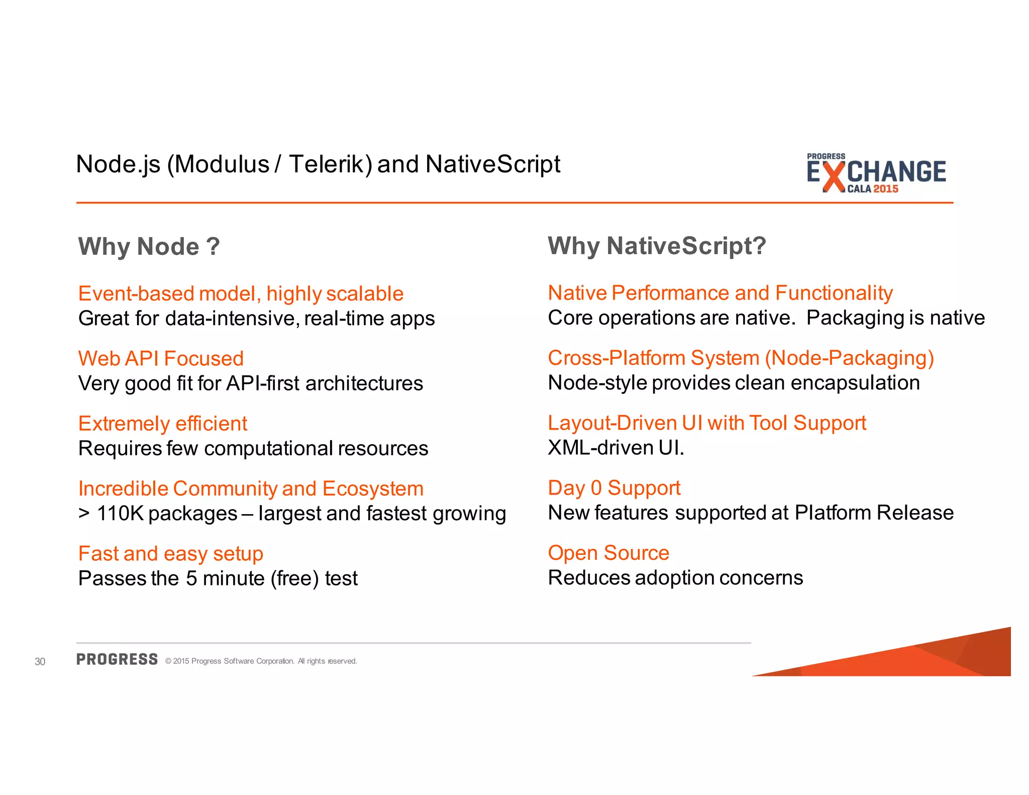 © 2015 Progress Software Corporation. All rights reserved.30
Node.js (Modulus / Telerik) and NativeScript
Why Node ?
Event-based model, highly scalable
Great for data-intensive, real-time apps
Web API Focused
Very good fit for API-first architectures
Extremely efficient
Requires few computational resources
Incredible Community and Ecosystem
> 110K packages – largest and fastest growing
Fast and easy setup
Passes the 5 minute (free) test
Why NativeScript?
Native Performance and Functionality
Core operations are native. Packaging is native
Cross-Platform System (Node-Packaging)
Node-style provides clean encapsulation
Layout-Driven UI with Tool Support
XML-driven UI.
Day 0 Support
New features supported at Platform Release
Open Source
Reduces adoption concerns
 