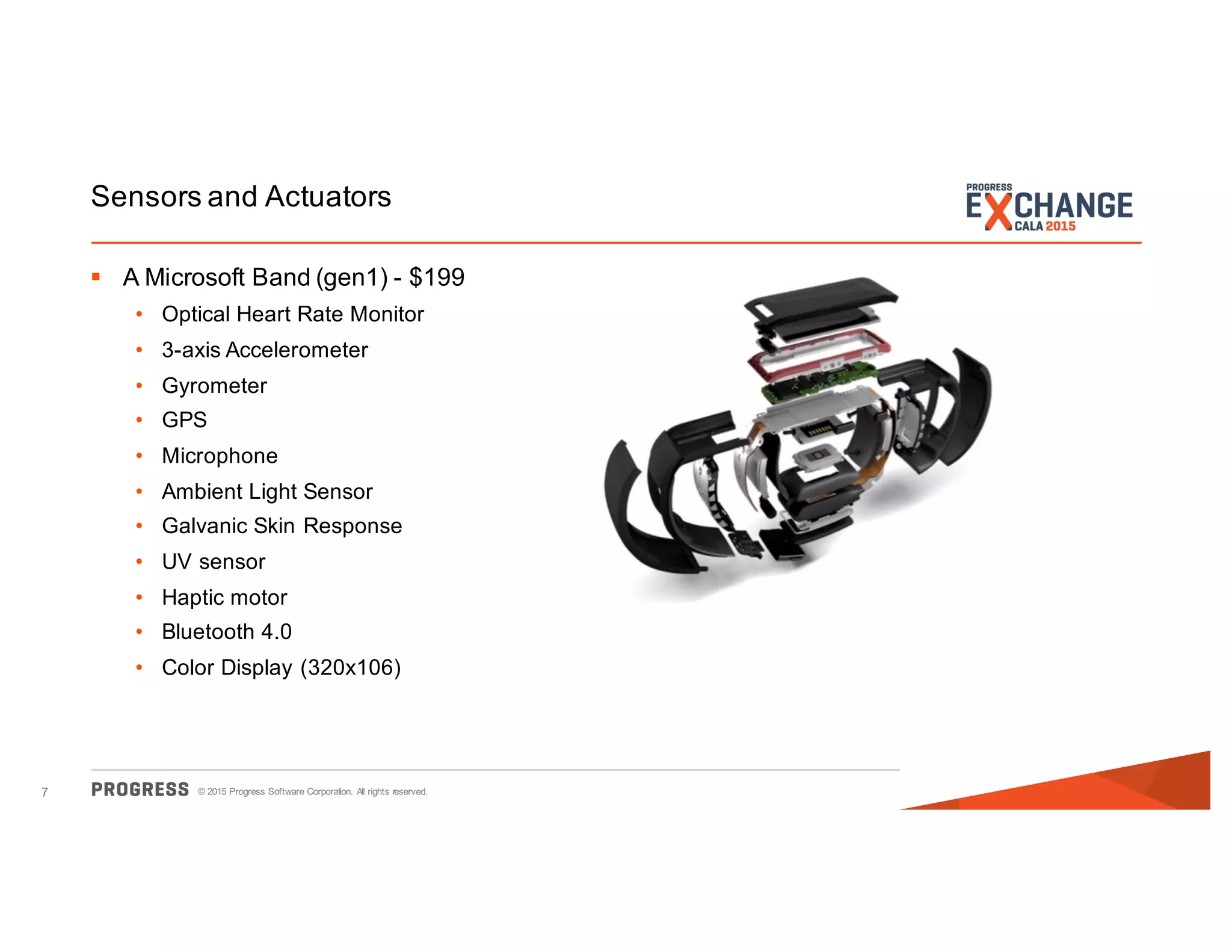 © 2015 Progress Software Corporation. All rights reserved.7
Sensors and Actuators
§ A Microsoft Band (gen1) - $199
• Optical Heart Rate Monitor
• 3-axis Accelerometer
• Gyrometer
• GPS
• Microphone
• Ambient Light Sensor
• Galvanic Skin Response
• UV sensor
• Haptic motor
• Bluetooth 4.0
• Color Display (320x106)
 