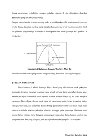 Untuk menghitung probabilitas menang terhadap pesaing, di sini dibutuhkan data-data penawaran yang lalu dari para pesaing. 
Dengan mencoba-coba besaran mark up maka akan didapatkan nilai maximum dari expected profit, dimana besarnya mark up yang menghasilkan expected profit maximum disebut Mark up optimum, yang nantinya akan dipakai dalam penawaran, untuk jelasnya ikuti gambar 2.4 berikut ini: 
Expected Profit Maximum 
% Expected Profit 
Mark up Optimum 
% Mark Up 
Gambar 2.4 Hubungan Expected Profit Vs Mark Up 
Prosedur tersebut adalah yang dikenal sebagai strategi penawaran (bidding strategies). 
2.7 BIAYA KONSTRUKSI 
Biaya konstruksi adalah besarnya biaya aktual yang dikeluarkan untuk pekerjaan konstruksi tersebut, biasanya besarnya biaya actual ini baru dapat diketahui dengan pasti apabila pekerjaan konstruksi sudah selesai. Namun estimasi biaya (c) ini tidak mungkin menunggu biaya aktual, dan estimasi biaya ini merupakan suatu elemen terpenting dalam strategi penawaran, dan umumnya dalam strategi penawaran besarnya estimasi biaya harus ditentukan dahulu sebelum pekerjaan dimulai, sehingga pada umumnya dibuatkan suatu asumsi bahwa estimasi biaya dianggap sama dengan biaya actual dari pekerjaan tersebut atau dengan melihat data yang lalu pada jenis pekerjaan konstruksi yang kira – kira sejenis. 
Universitas Sumatera Utara 
 