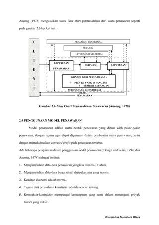 Ancong (1978) mengusulkan suatu flow chart permasalahan dari suatu penawaran seperti pada gambar 2.6 berikut ini : 
PERUSAHAAN KONSTRUKSI 
REJECT 
PENAWARAN 
Gambar 2.6 Flow Chart Permasalahan Penawaran (Ancong, 1978) 
2.9 PENGGUNAAN MODEL PENAWARAN 
Model penawaran adalah suatu bentuk penawaran yang dibuat oleh pakar-pakar penawaran, dengan tujuan agar dapat digunakan dalam pembuatan suatu penawaran, yaitu dengan memaksimalkan expected profit pada penawaran tersebut. 
Ada beberapa persyaratan dalam penggunaan model penawaran (Clough and Sears, 1994, dan Ancong, 1978) sebagai berikut: 
1. Mengumpulkan data-data penawaran yang lalu minimal 3 tahun. 
2. Mengumpulkan data-data biaya actual dari pekerjaan yang sejenis. 
3. Keadaan ekonomi adalah normal. 
4. Tujuan dari perusahaan konstruksi adalah mencari untung. 
5. Kontraktor-kontraktor mempunyai kemampuan yang sama dalam menangani proyek tender yang diikuti. 
C 
L 
I 
E 
N 
T 
PENGARUH EKSTERNAL 
PESAING 
LEVERANSIR MATERIAL 
KEPUTUSAN 
PENAWARAN 
ESTIMASI 
KEPUTUSAN 
KONDISI DARI PERUSAHAAN : 
• PROYEK YANG DITANGANI 
• SUMBER KEUANGAN 
Universitas Sumatera Utara 
