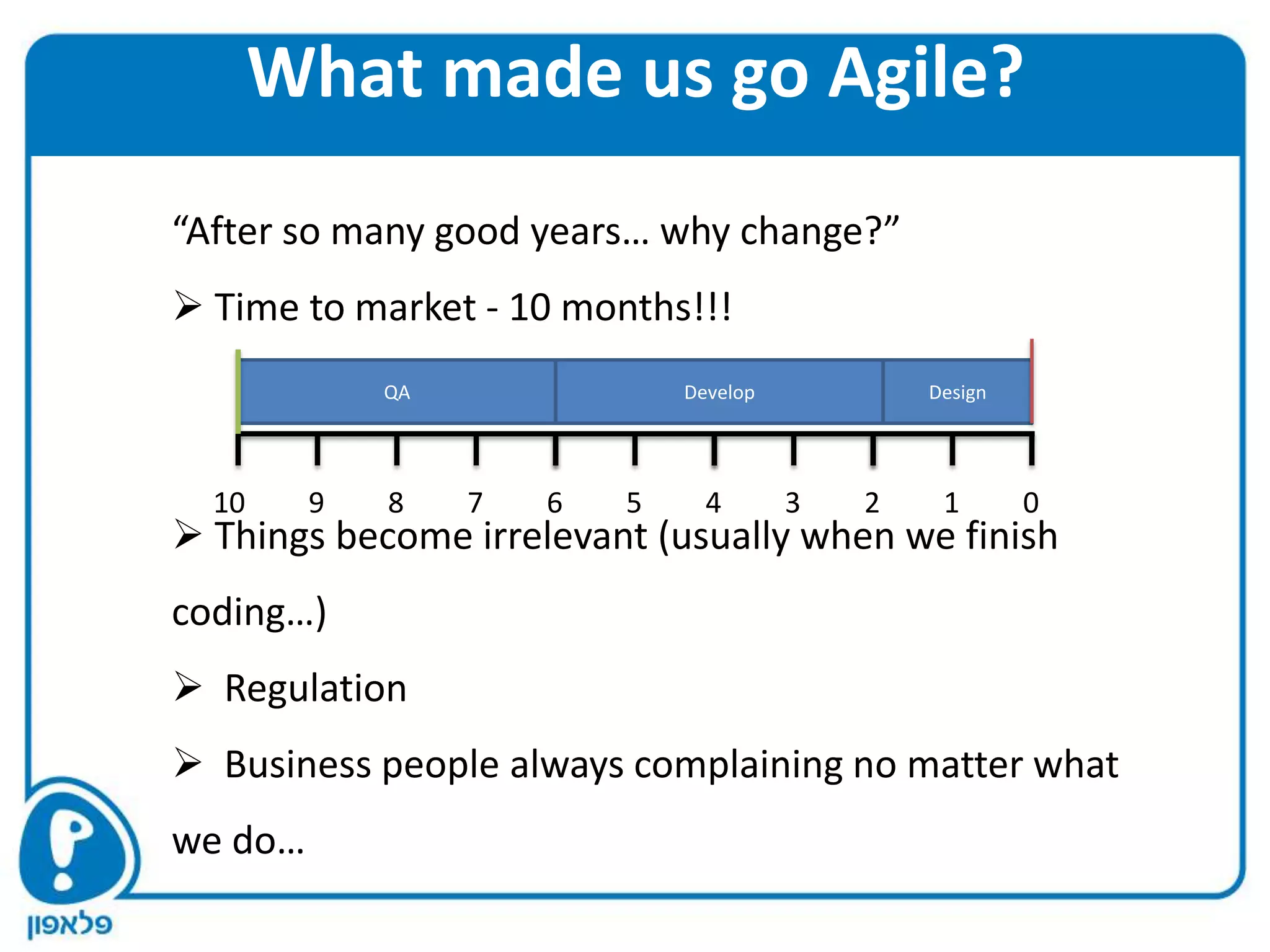 What made us go Agile?
“After so many good years… why change?”
 Time to market - 10 months!!!
             QA               Develop           Design




  10     9   8    7   6   5     4       3   2    1       0
 Things become irrelevant (usually when we finish
coding…)
 Regulation
 Business people always complaining no matter what
we do…
 