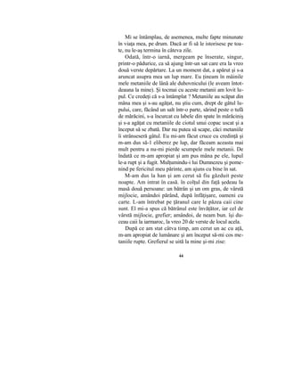 Mi se întâmplau, de asemenea, multe fapte minunate
în viaţa mea, pe drum. Dacă ar fi să le istorisesc pe toa-
te, nu le-aş termina în câteva zile.
Odată, într-o iarnă, mergeam pe înserate, singur,
printr-o pădurice, ca să ajung într-un sat care era la vreo
două verste depărtare. La un moment dat, a apărut şi s-a
aruncat asupra mea un lup mare. Eu ţineam în mâinile
mele metaniile de lână ale duhovnicului (le aveam întot-
deauna la mine). Şi tocmai cu aceste metanii am lovit lu-
pul. Ce credeţi că s-a întâmplat ? Metaniile au scăpat din
mâna mea şi s-au agăţat, nu ştiu cum, drept de gâtul lu-
pului, care, făcând un salt într-o parte, sărind peste o tufă
de mărăcini, s-a încurcat cu labele din spate în mărăciniş
şi s-a agăţat cu metaniile de ciotul unui copac uscat şi a
început să se zbată. Dar nu putea să scape, căci metaniile
îi strânseseră gâtul. Eu mi-am făcut cruce cu credinţă şi
m-am dus să-1 eliberez pe lup, dar făceam aceasta mai
mult pentru a nu-mi pierde scumpele mele metanii. De
îndată ce m-am apropiat şi am pus mâna pe ele, lupul
le-a rupt şi a fugit. Mulţumindu-i lui Dumnezeu şi pome-
nind pe fericitul meu părinte, am ajuns cu bine în sat.
M-am dus la han şi am cerut să fiu găzduit peste
noapte. Am intrat în casă. în colţul din faţă şedeau la
masă două persoane: un bătrân şi un om gras, de vârstă
mijlocie, amândoi părând, după înfăţişare, oameni cu
carte. L-am întrebat pe ţăranul care le păzea caii cine
sunt. El mi-a spus că bătrânul este învăţător, iar cel de
vârstă mijlocie, grefier; amândoi, de neam bun. îşi du-
ceau caii la iarmaroc, la vreo 20 de verste de locul acela.
După ce am stat câtva timp, am cerut un ac cu aţă,
m-am apropiat de lumânare şi am început să-mi cos me-
taniile rupte. Grefierul se uită la mine şi-mi zise:
44
 