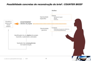 c e n t ro re g i o n a l d e d e s i g n | 2007 28
Possibilidade concretas de reconstrução do brief : COUNTER BRIEFPossibilidade concretas de reconstrução do brief : COUNTER BRIEF
Cliente
Identidade/imagem
Missão
Estrutura
Contexto
Dinâmicas mercado de referência
Concorrentes/Referências
Oportunidade
específica
Oportunidade
genérica
COUNTERBRIEF
Diretriz de projeto
Escolha e
desenvolvi
mento
coletivo
Identificação de um objetivo de projeto
Coerente, sustentável e articulado
Ilustração das consequências
da implementação.
Análise
 