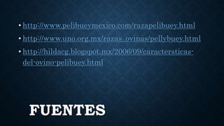 FUENTES
• http://www.pelibueymexico.com/razapelibuey.html
• http://www.uno.org.mx/razas_ovinas/pellybuey.html
• http://hildacg.blogspot.mx/2006/09/caractersticas-
del-ovino-pelibuey.html